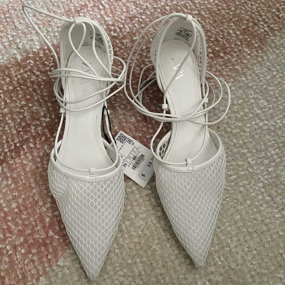 Zara white mesh Kitty heels with ankle wrap